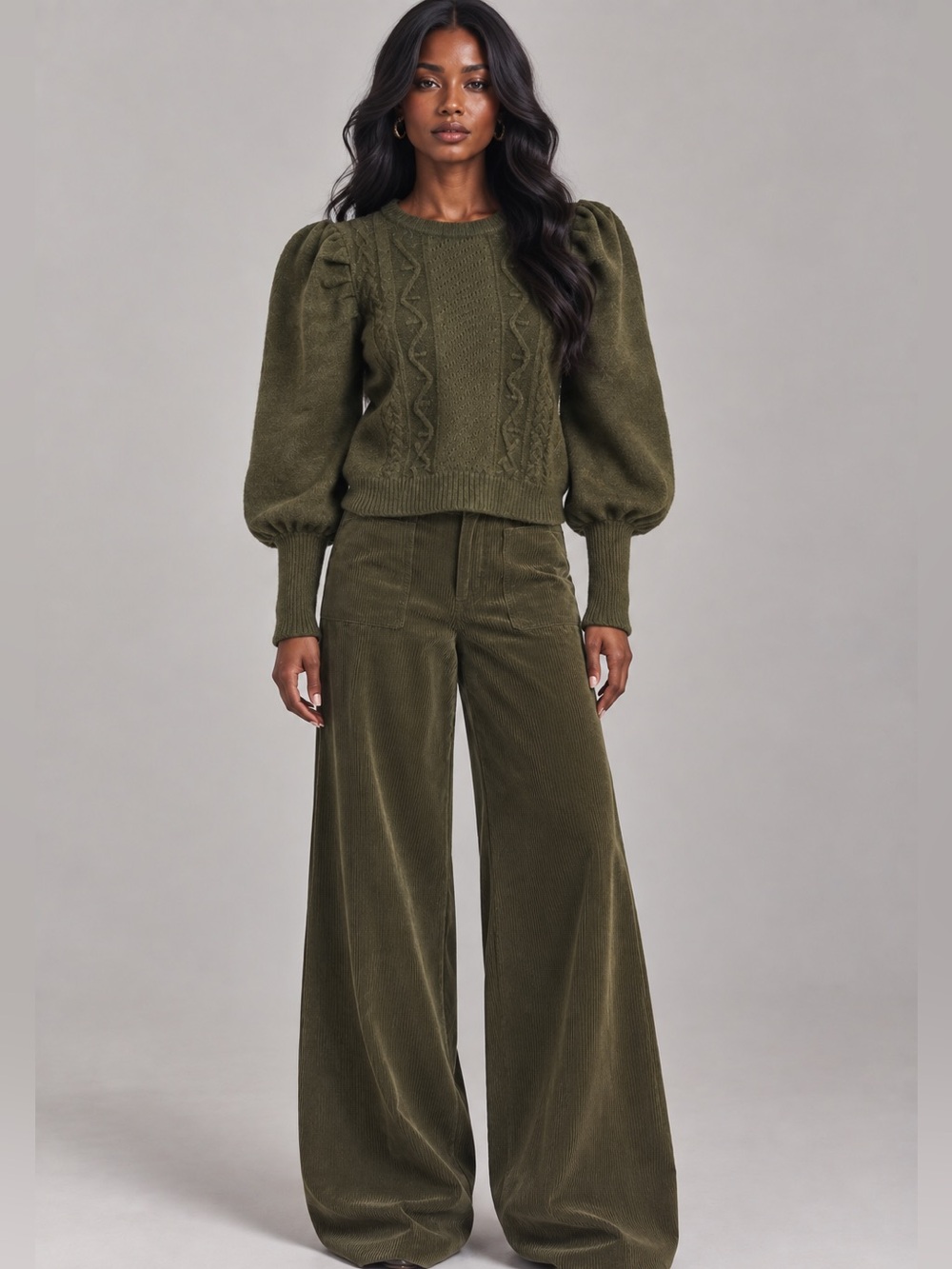 Cliche Cable Knit Olive Dark Academia Ballon Sleeve Sweater Sz LG